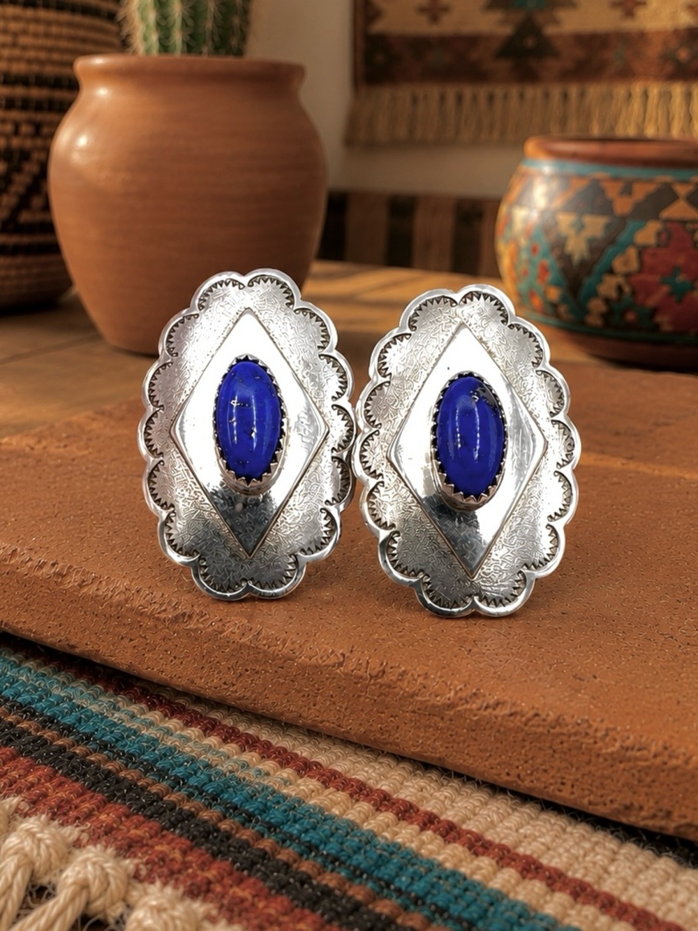 Navajo Native American Sterling Silver Natural Blue Lapis Concho Stud Earrings